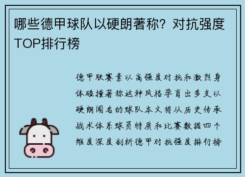 哪些德甲球队以硬朗著称？对抗强度TOP排行榜